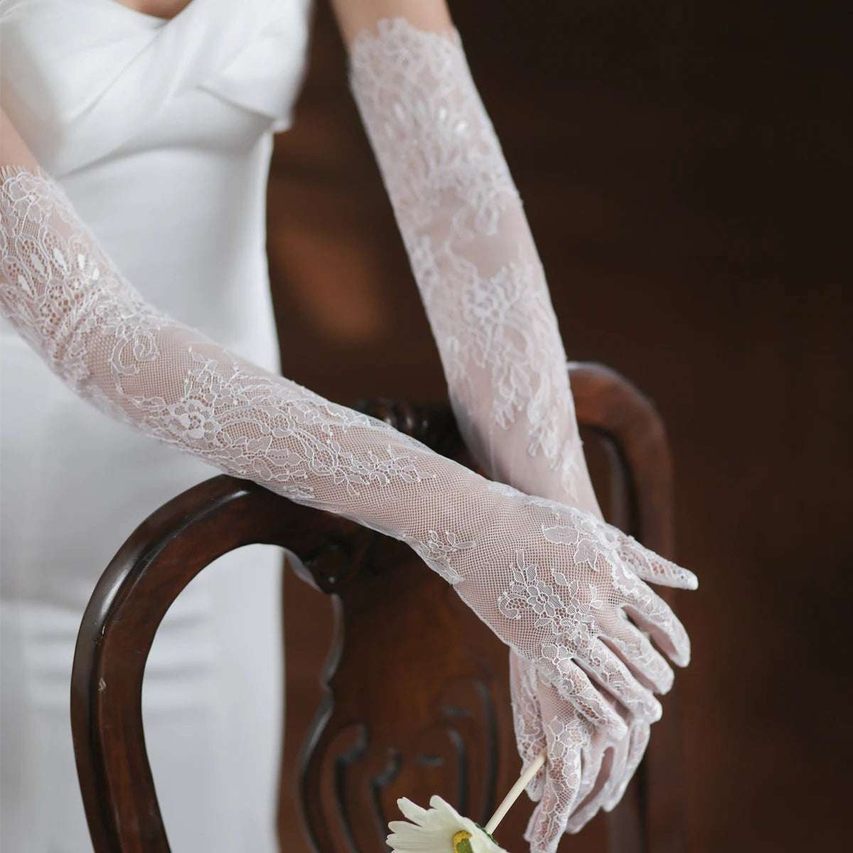 Women's White Long Eyelash Edge Appliquéd Lace Bridal Wedding Gloves - Lovez Aqua© -