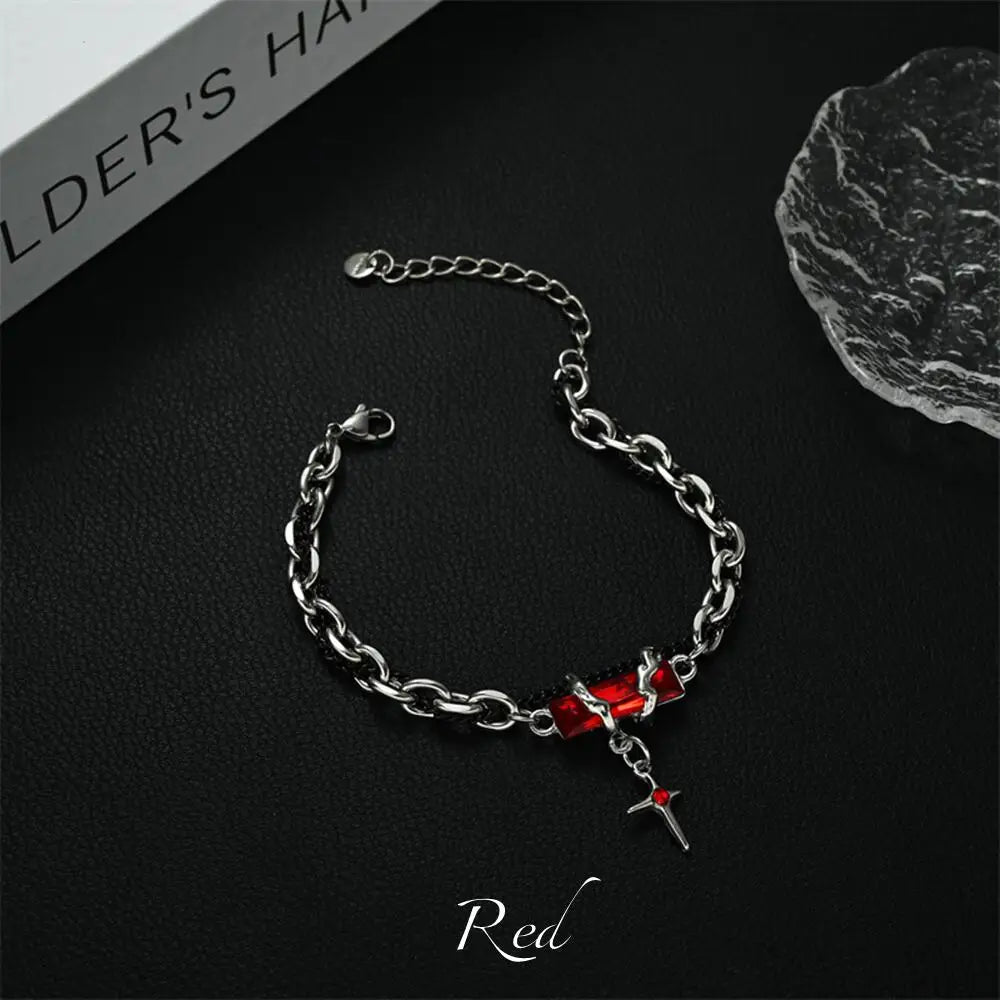 Men's Stainless Steel Gothic Retro Black Zircon Star Chain Bracelet - Lovez Aqua© - Red