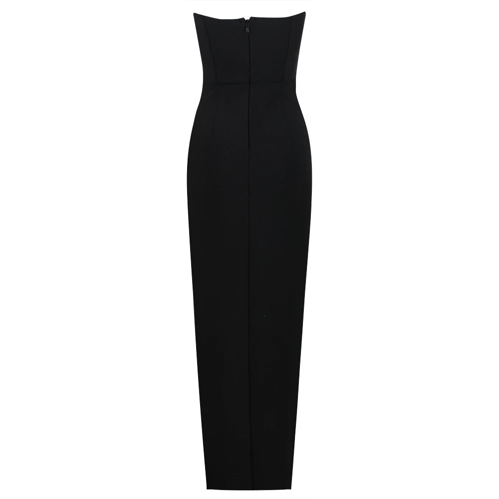Women's Black Sleeveless Bodycon Maxi Dress with High Slit & Rhinestone Roses - Lovez Aqua© -