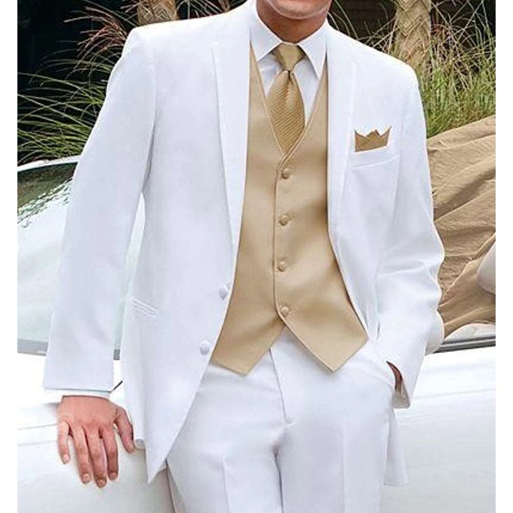Men's Shiny Metallic Embroidered 3 Piece Suit Set (Jacket, Pants & Vest) - Lovez Aqua© - White / XS