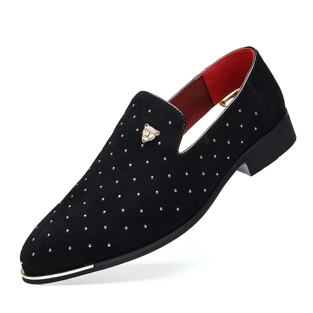 Men's Suede Leather Slip-On Loafers with Gold Studded Rivets & Cheetah Emblem - Lovez Aqua© -