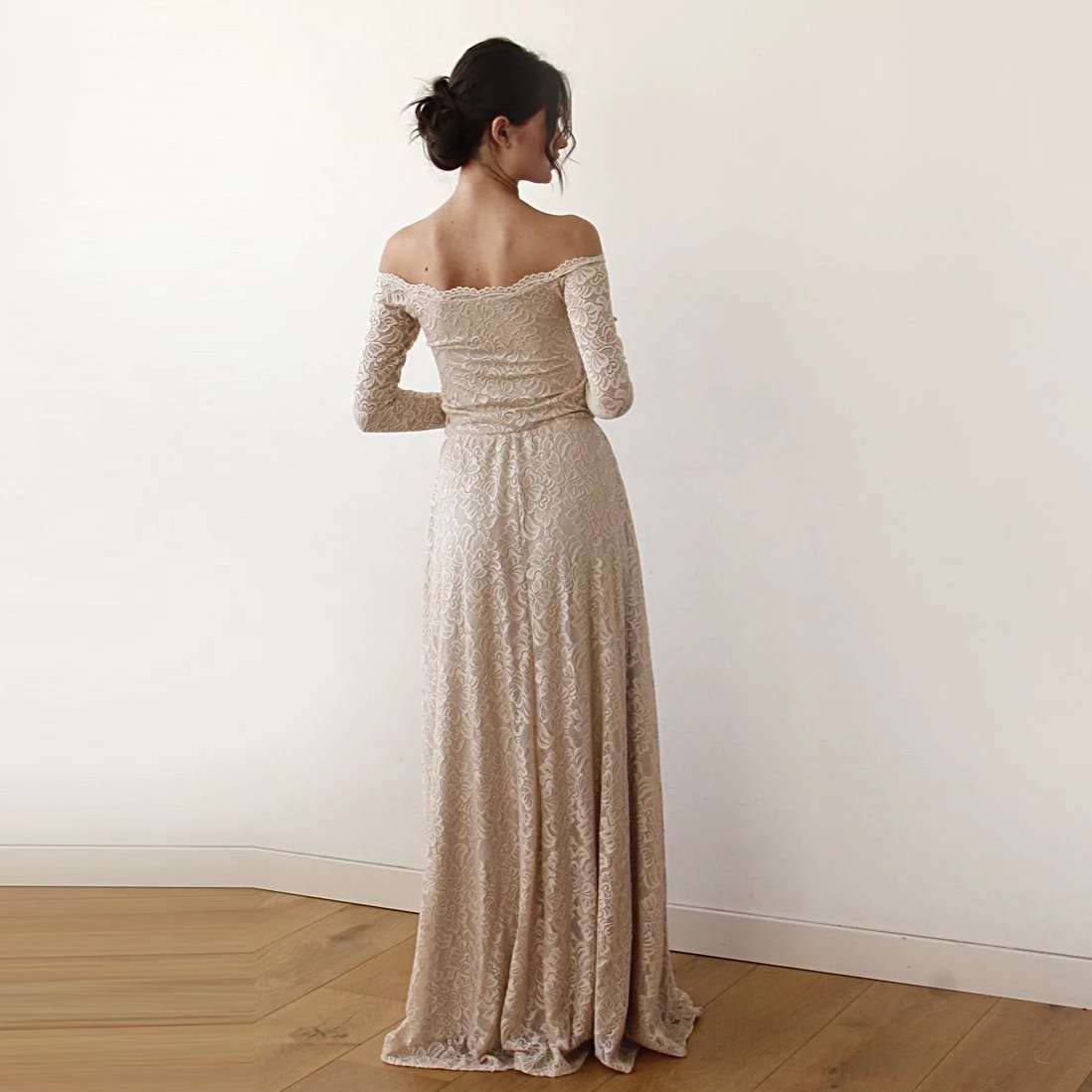 Champagne Off-The-Shoulder Long Sleeve Lace Wedding Dress with Scallop Neckline - Lovez Aqua© -