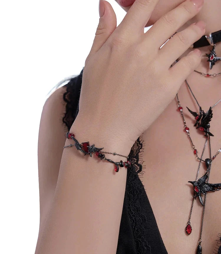 Rustic Gothic Black Raven & Red Garnet Beaded Crystal Women's Bracelet - Lovez Aqua© -
