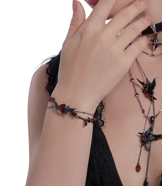 Rustic Gothic Black Raven & Red Garnet Beaded Crystal Women's Bracelet - Lovez Aqua© -