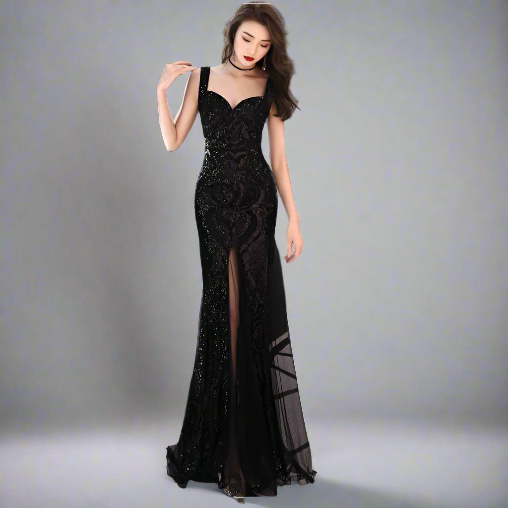 Women's Embroidered Sleeveless Mermaid Evening Dress With Beading & Sheer Train - Lovez Aqua© - Black / S
