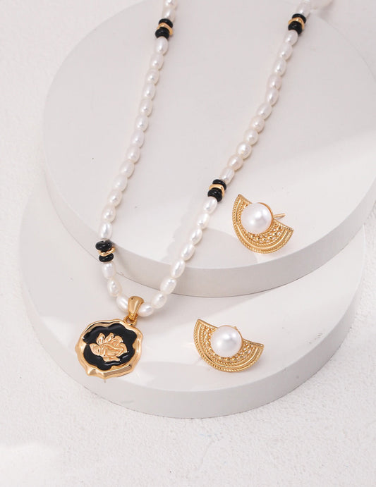 Women's 18K Gold-Plated Vermeil Engraved Half Circle Natural Pearl Stud Earrings - Lovez Aqua© -