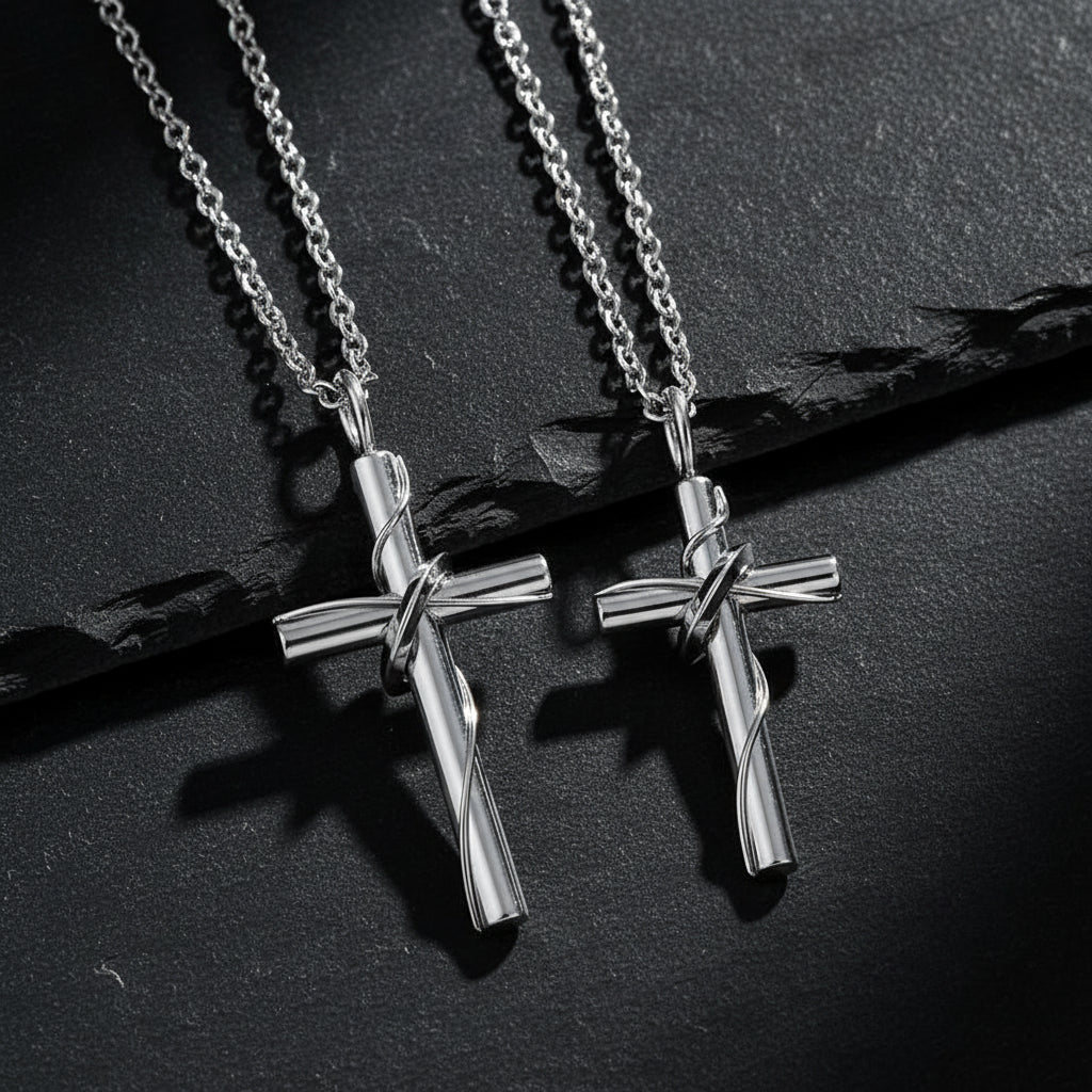 Matching Couple Stainless Steel Wire Wrapped Cross Necklace - Lovez Aqua© -