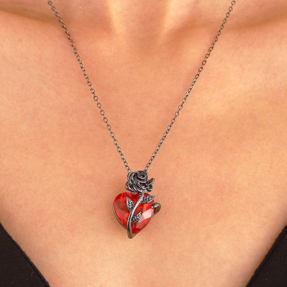 Gothic Blackened Iron Rose Red Love Heart Women's Pendant Necklace - Lovez Aqua© -