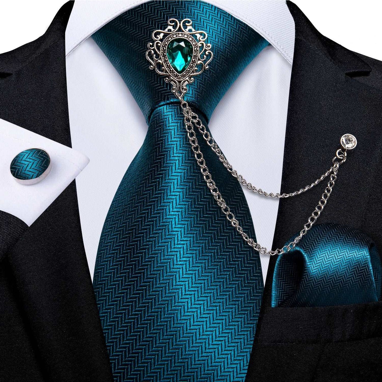 Men's Teal & Aqua Blue Silk Necktie, Handkerchief, Brooch & Cufflinks Set - Lovez Aqua© - 3