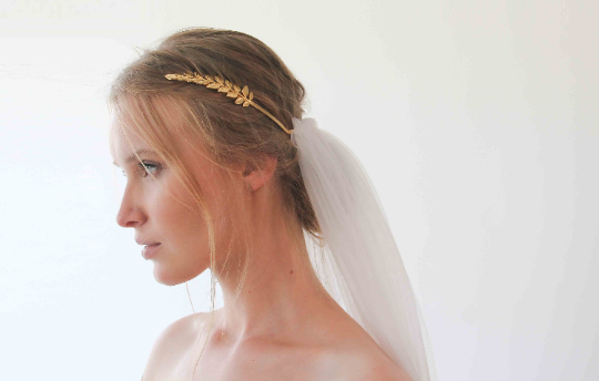 Women's Gold Greek Goddess Crown White Tulle Wedding Veil Headpiece - Lovez Aqua© -