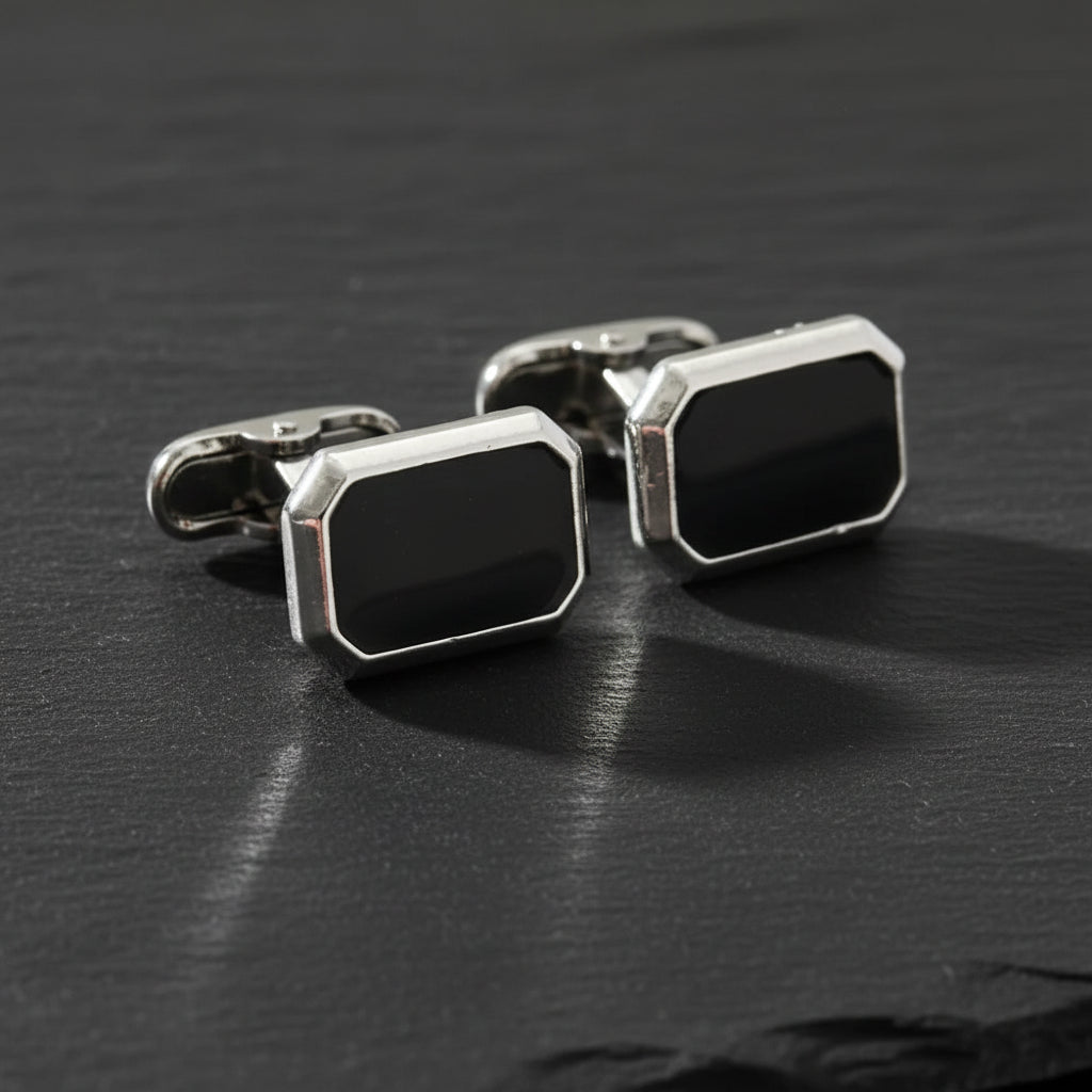 Men's French Style Angular Rectangle Formal Black & Silver Cufflinks - Lovez Aqua© -