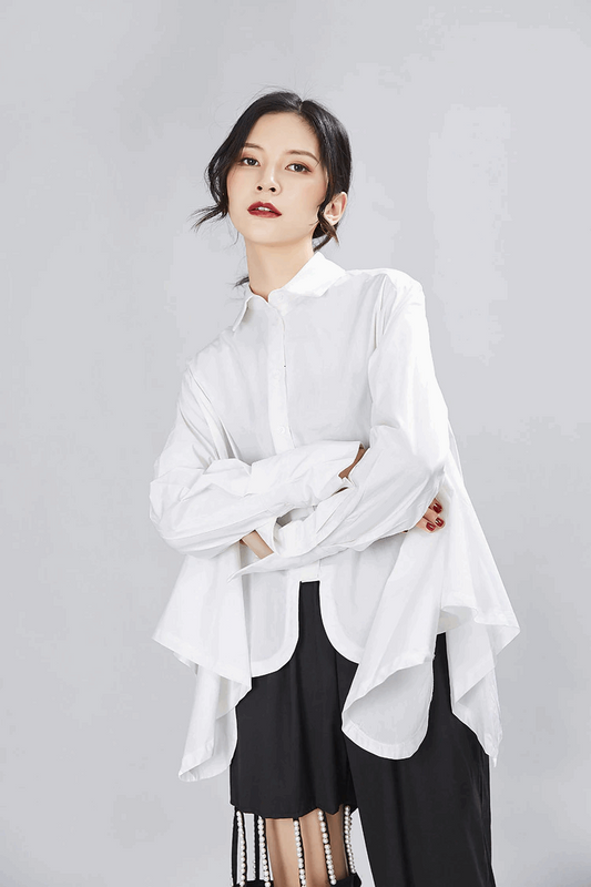 Women's Modern Layered Oversized Button-Down Shirt with Lapels & Irregular Hem - marigoldshadows - White / S