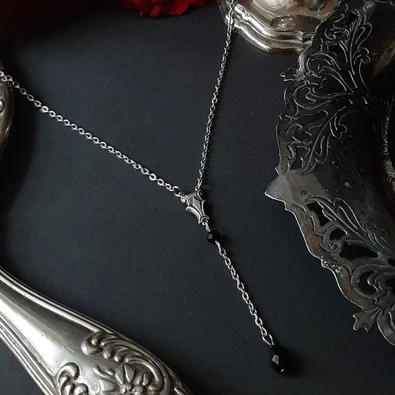 Vintage Medieval Victorian Silver Necklace/Choker with Black Crystal Accents - Lovez Aqua© - Necklace