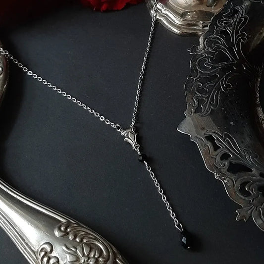 Vintage Medieval Victorian Silver Necklace/Choker with Black Crystal Accents - Lovez Aqua© - Necklace
