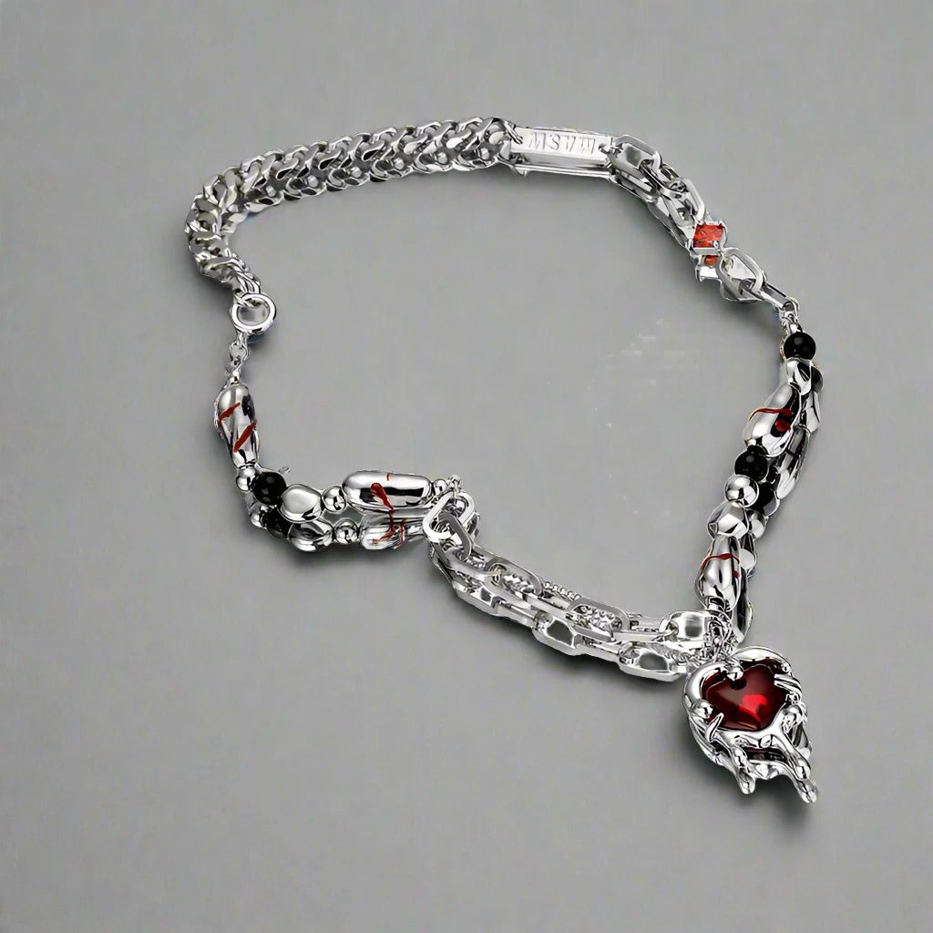 Women's Red Heart Dripping Gold Crystal Beaded Silver Chain Necklace - Lovez Aqua© - Default Title