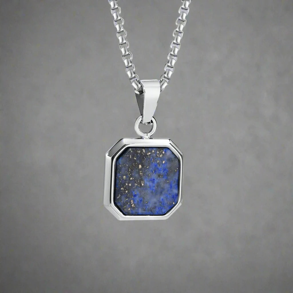 Men's Geometric Lapis Lazuli/Black Enamel Stone Square Pendant Necklace - Lovez Aqua© -