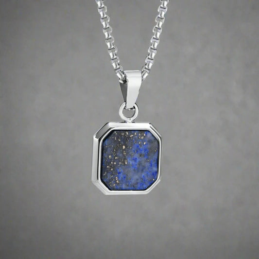 Men's Geometric Lapis Lazuli/Black Enamel Stone Square Pendant Necklace - Lovez Aqua© -