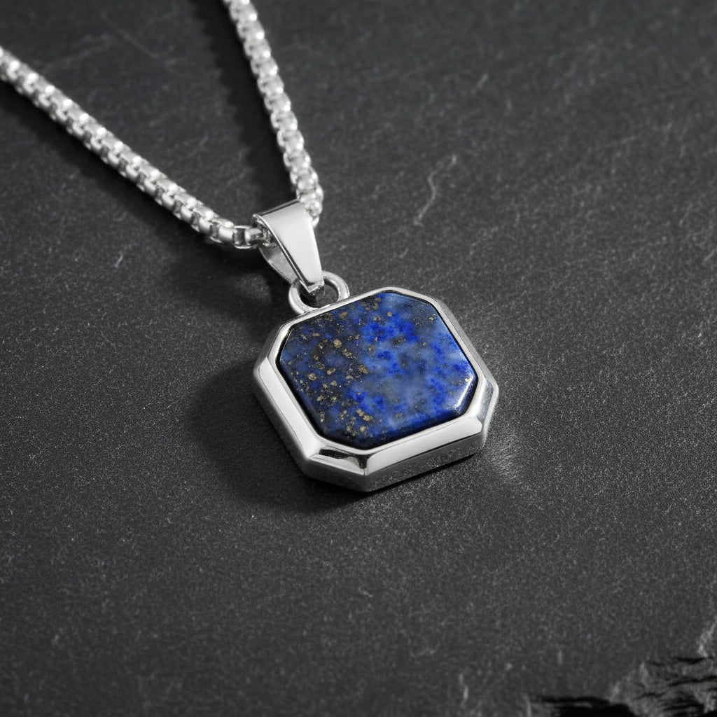 Men's Geometric Lapis Lazuli/Black Enamel Stone Square Pendant Necklace - Lovez Aqua© -