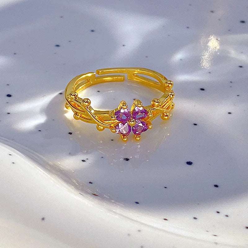 Elegant Gold Plated Ring with Marquise-Cut Amethyst Flower & Twisted Band - Lovez Aqua© -