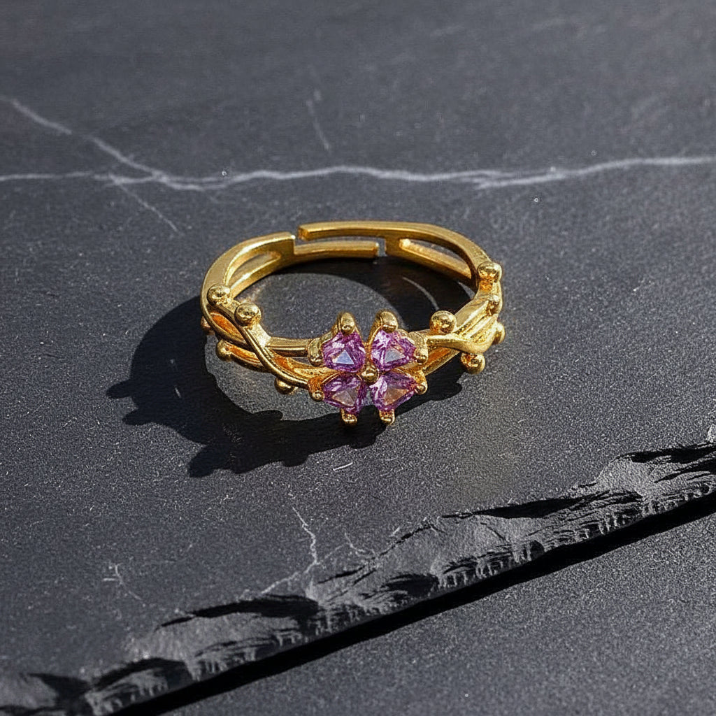 Elegant Gold Plated Ring with Marquise-Cut Amethyst Flower & Twisted Band - Lovez Aqua© -