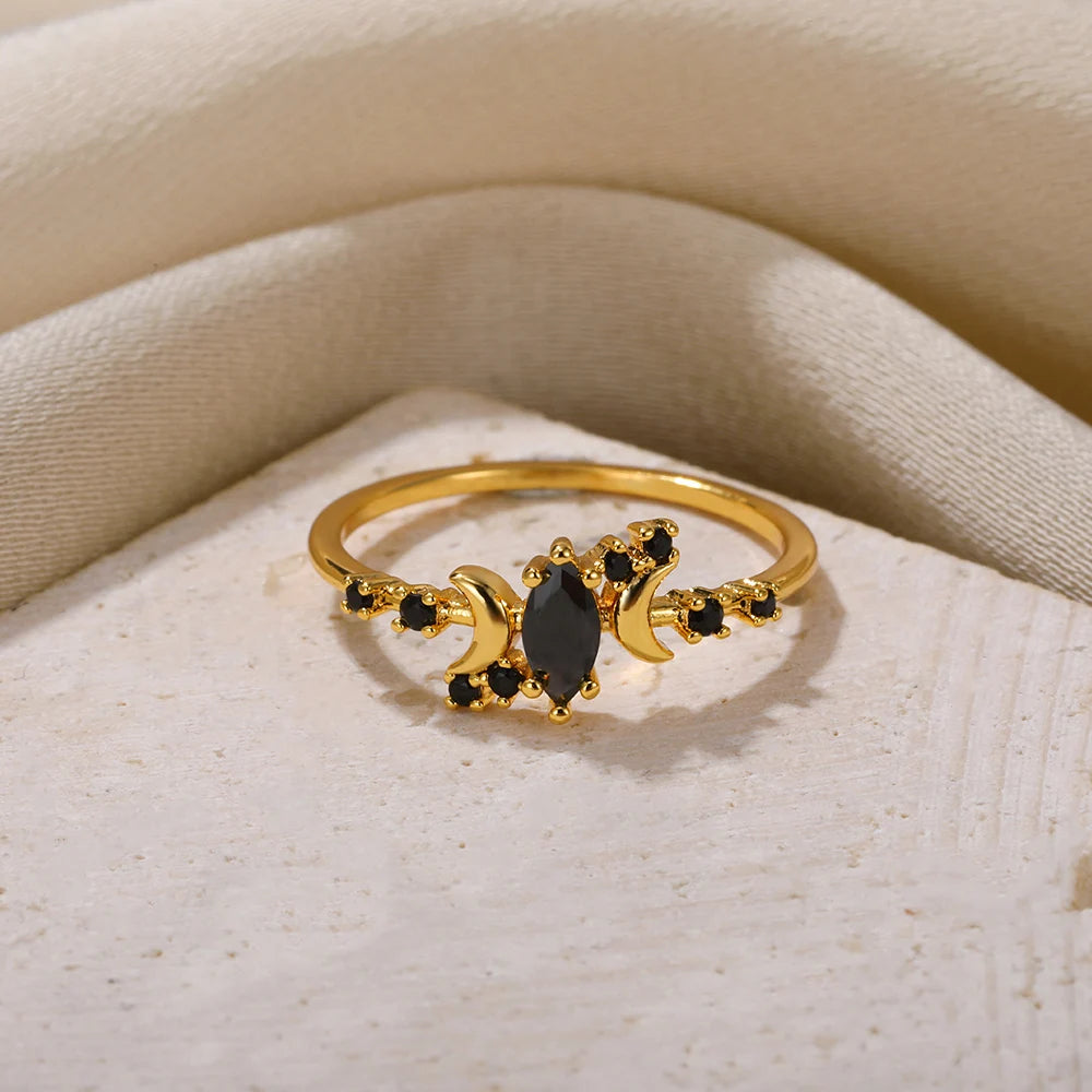 Women's Black Zircon & Stainless Steel Half Moon Ring With Embellishments - Lovez Aqua© -