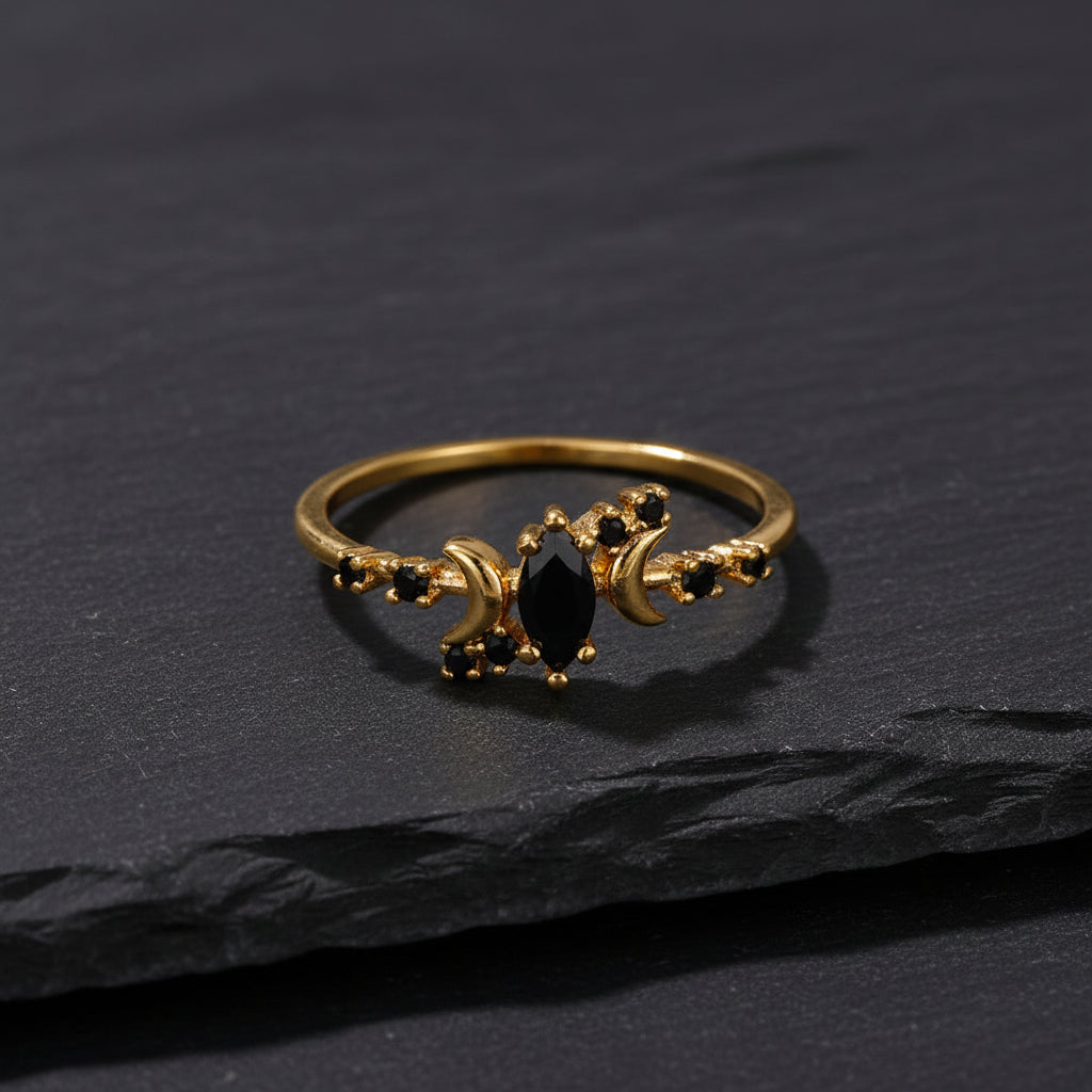 Women's Black Zircon & Stainless Steel Half Moon Ring With Embellishments - Lovez Aqua© -