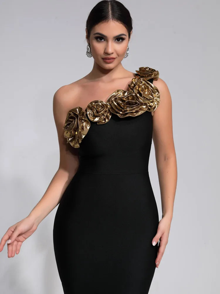 Women's Luxury One Shoulder Black Maxi Evening Dress with Golden Roses Neckline - Lovez Aqua© -
