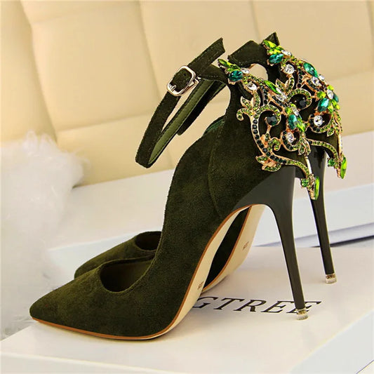 Luxury Velvet Rhinestone Filigree Stiletto High Heels with & Ankle Straps - Lovez Aqua© - Green / 4.5