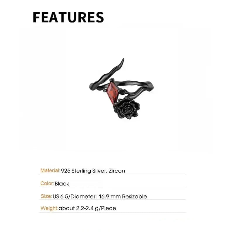 S925 Sterling Silver Black Rose & Red Diamond Zircon Women's Gothic Ring - Lovez Aqua© -