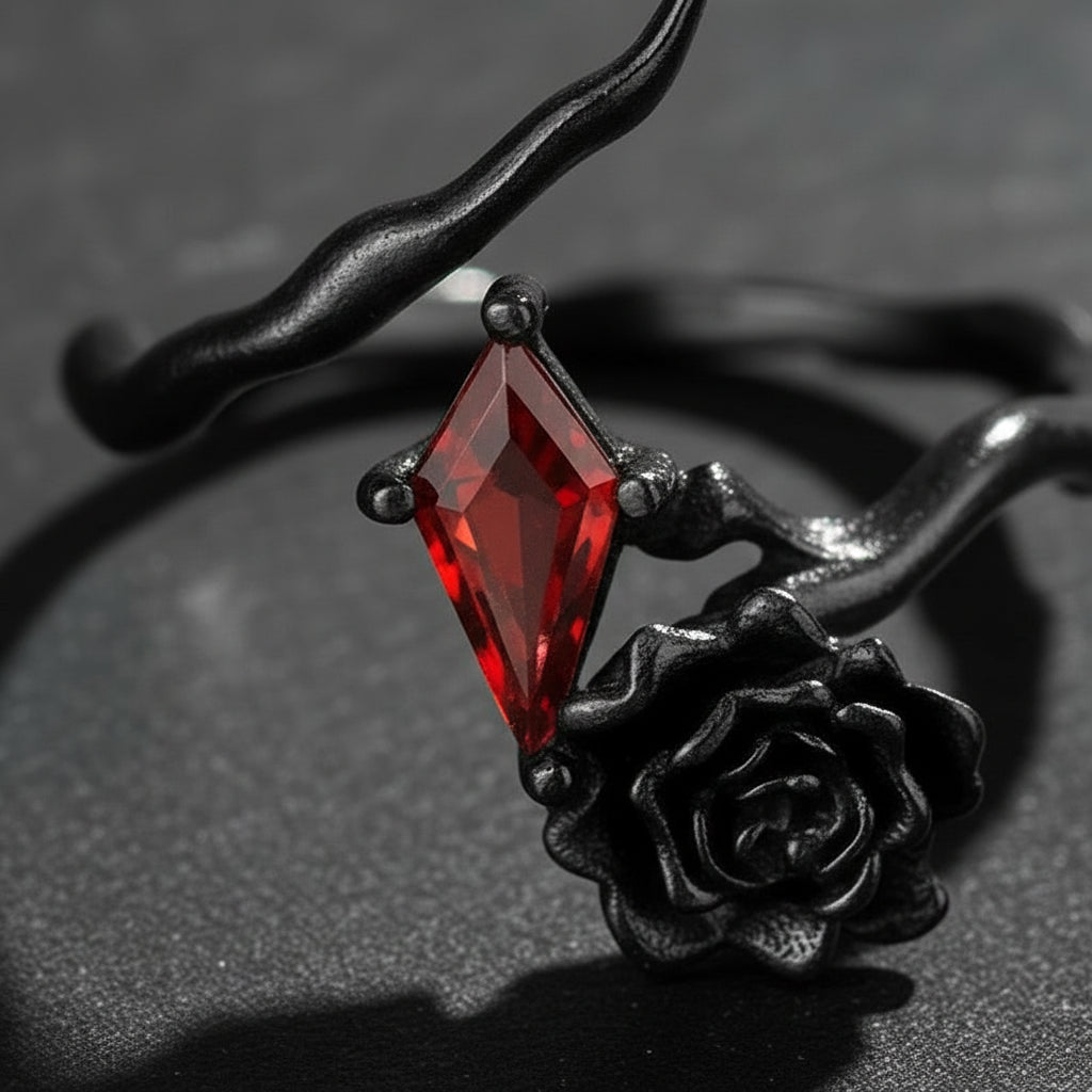 S925 Sterling Silver Black Rose & Red Diamond Zircon Women's Gothic Ring - Lovez Aqua© -