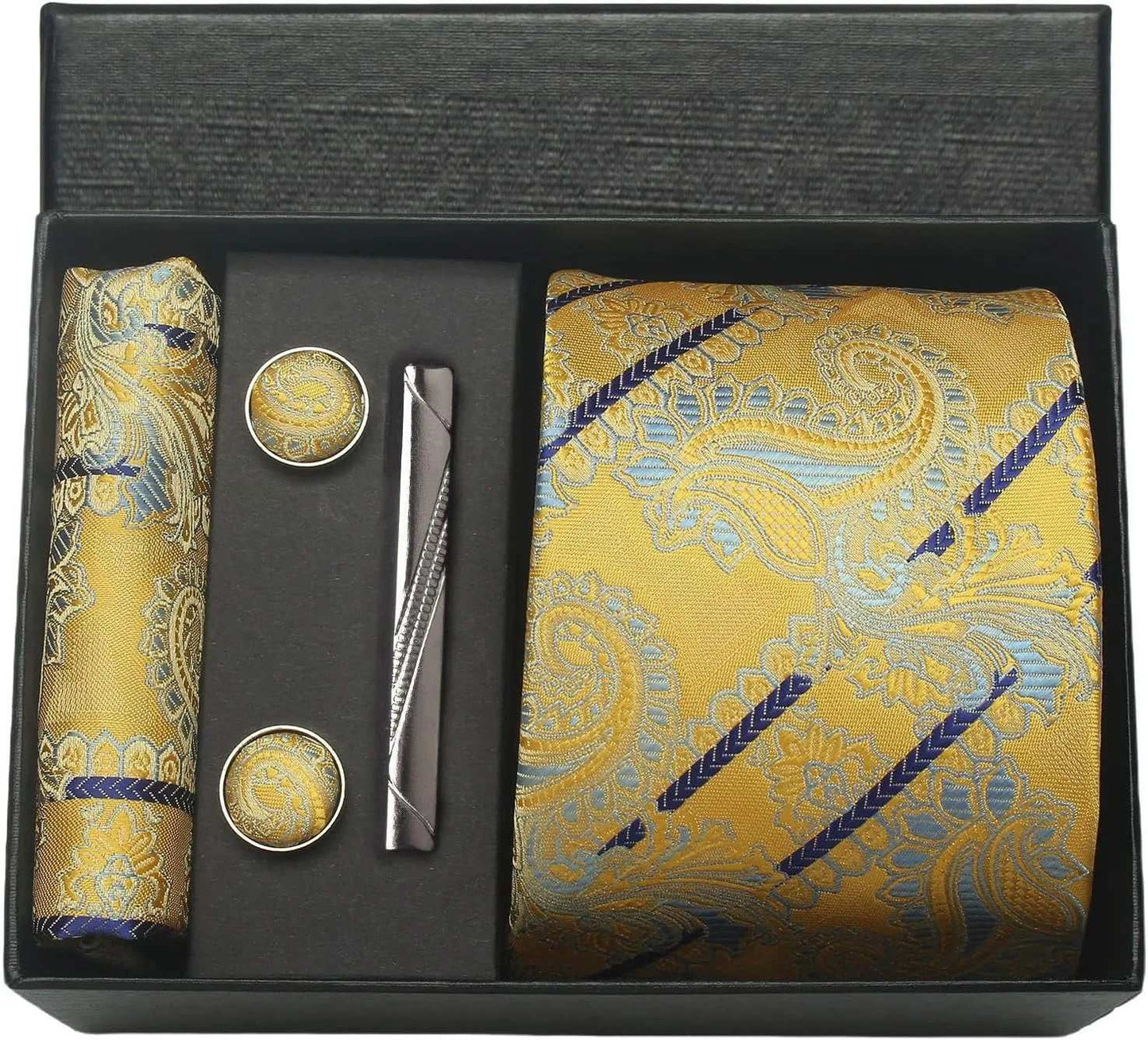 Men's Luxury Silk Paisley Floral Necktie, Pocket Square, Clip & Cufflinks Set - Lovez Aqua© - BC8