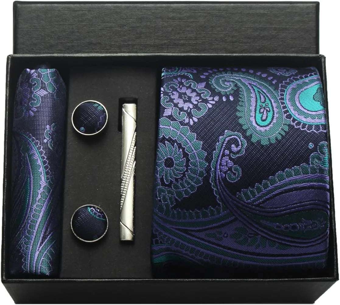 Men's Luxury Silk Paisley Floral Necktie, Pocket Square, Clip & Cufflinks Set - Lovez Aqua© - BKA08