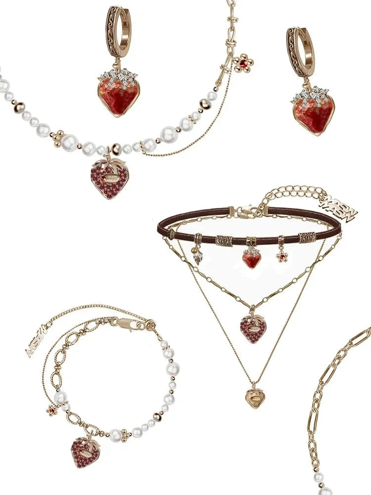 Women's Gothic Faux Leather Choker Necklace/Earrings with Gold Strawberry Charms - Lovez Aqua© -