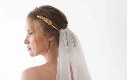 Women's Gold Greek Goddess Crown White Tulle Wedding Veil Headpiece - Lovez Aqua© -