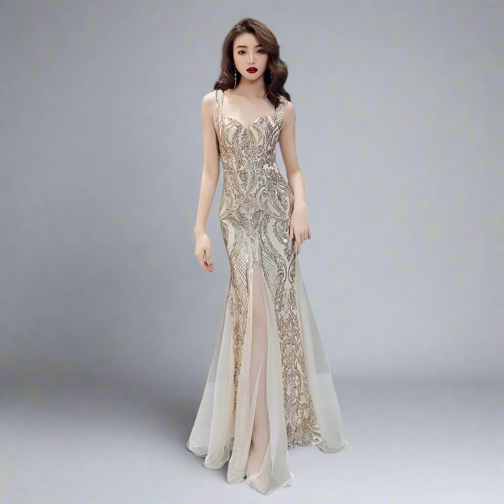 Women's Embroidered Sleeveless Mermaid Evening Dress With Beading & Sheer Train - Lovez Aqua© - Gold / S