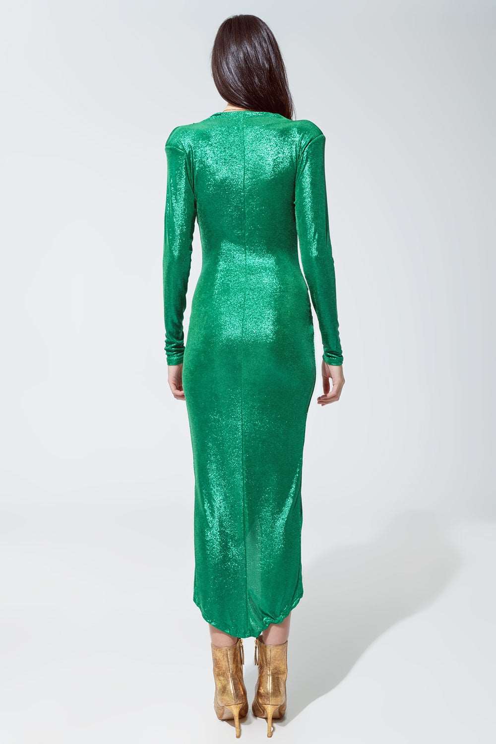 Women's Metallic Green Wrapped Party Dress with Plunge Neckline & Leg Slit - Lovez Aqua© -