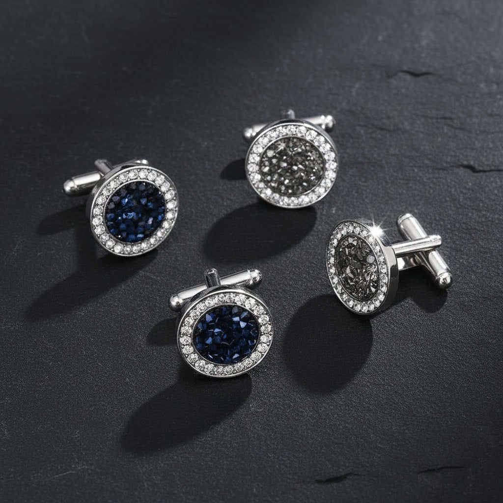 Luxury Men's Crystal & Agate Encrusted Round Cufflinks - Lovez Aqua© -