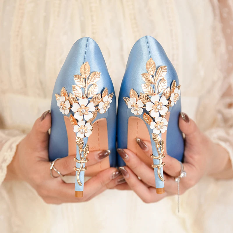 Women's Silk Stiletto High Heel Pumps With Intricate Carved Metal Flowers - Lovez Aqua© - Blue-10cm / 36