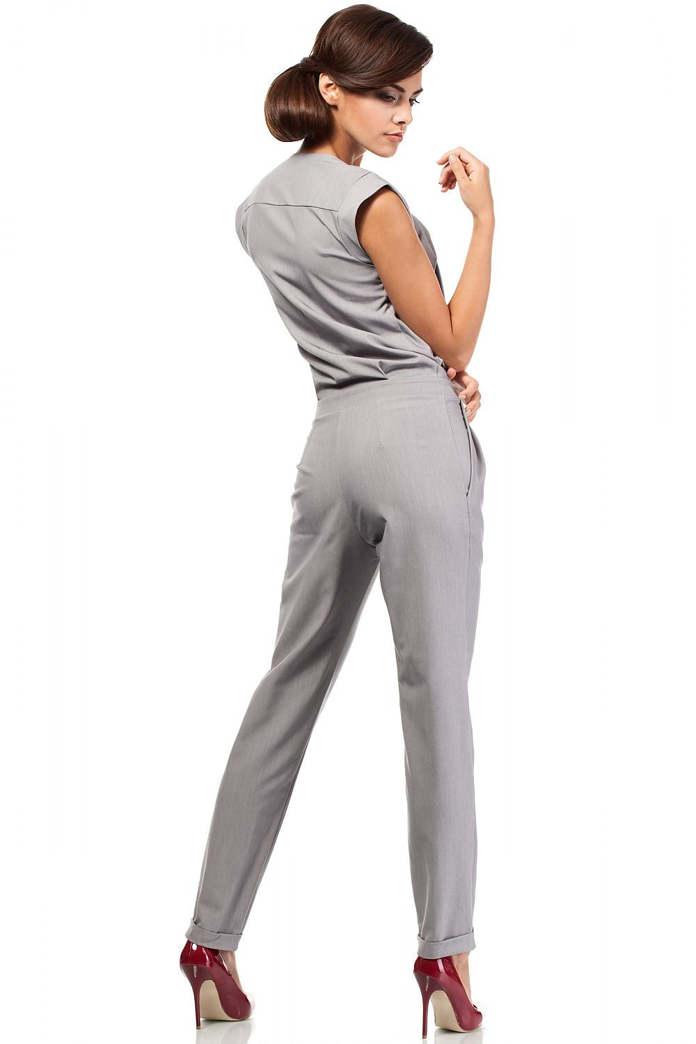 Women's Gray Sleeveless Jumpsuit with Ruffle Detail & Deep V-Neck - Lovez Aqua© -