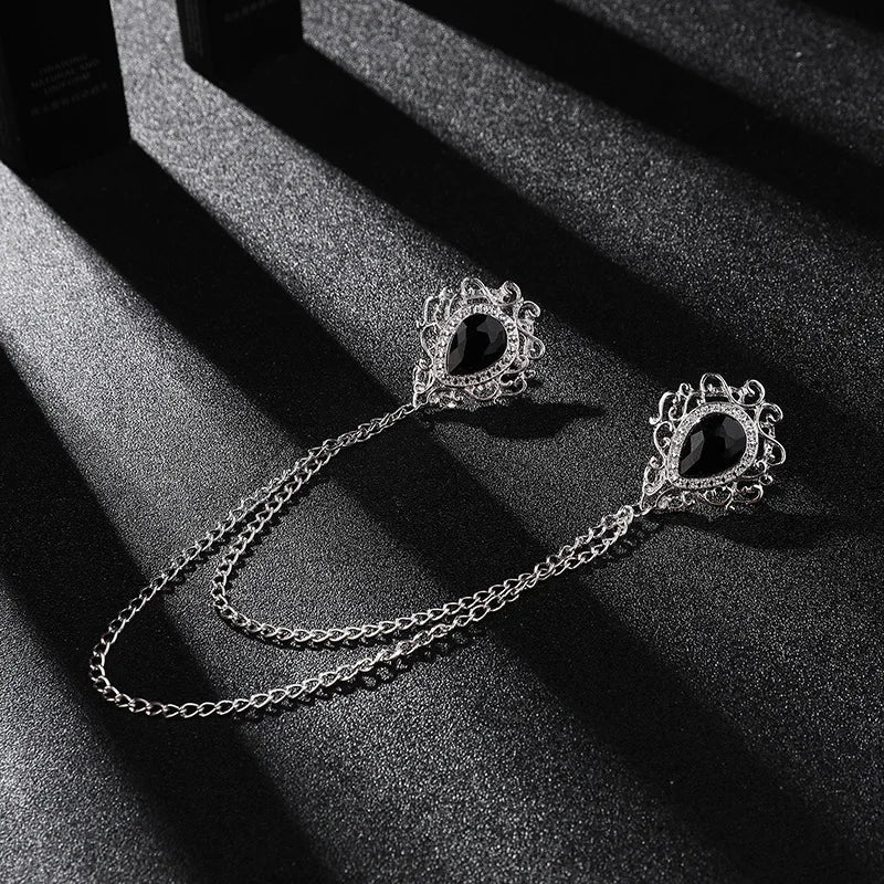 Men’s Vintage Style Tassel Chain Lapel Brooch With Gemstones - Lovez Aqua© - Sliver Black