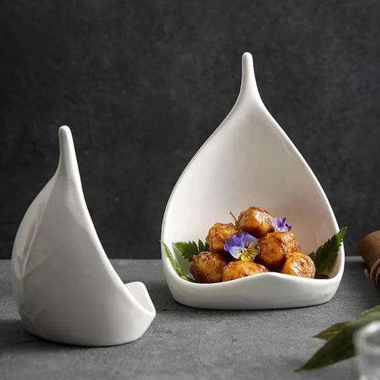 Chic White Ceramic Leaf Shaped Curved Dinner Plate Bowl with Realistic Veining - Lovez Aqua© -