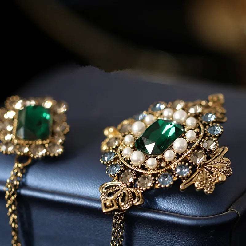 Men's Baroque Gold-Plated Tassel Chain Brooch with Emerald Green Gemstones - Lovez Aqua© -
