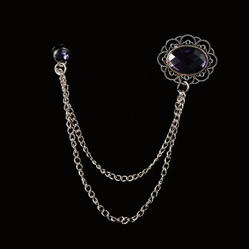 Men's Baroque Rhinestone Classic Chain Link Vintage Lapel Pin Brooch - Lovez Aqua© - Style 15
