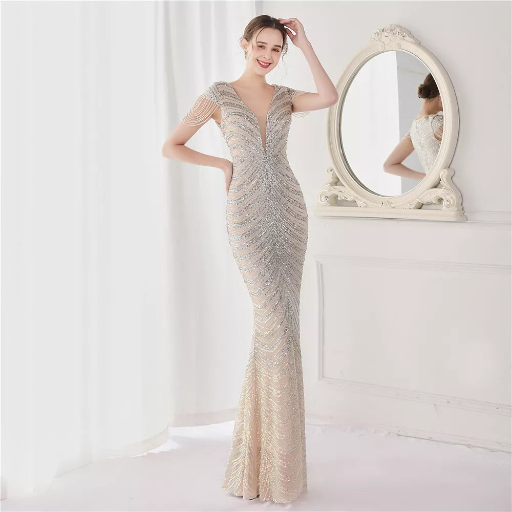 Women's Sequined Mermaid Evening Dress With Fringe Cap Sleeves - Lovez Aqua© - Silver / 2