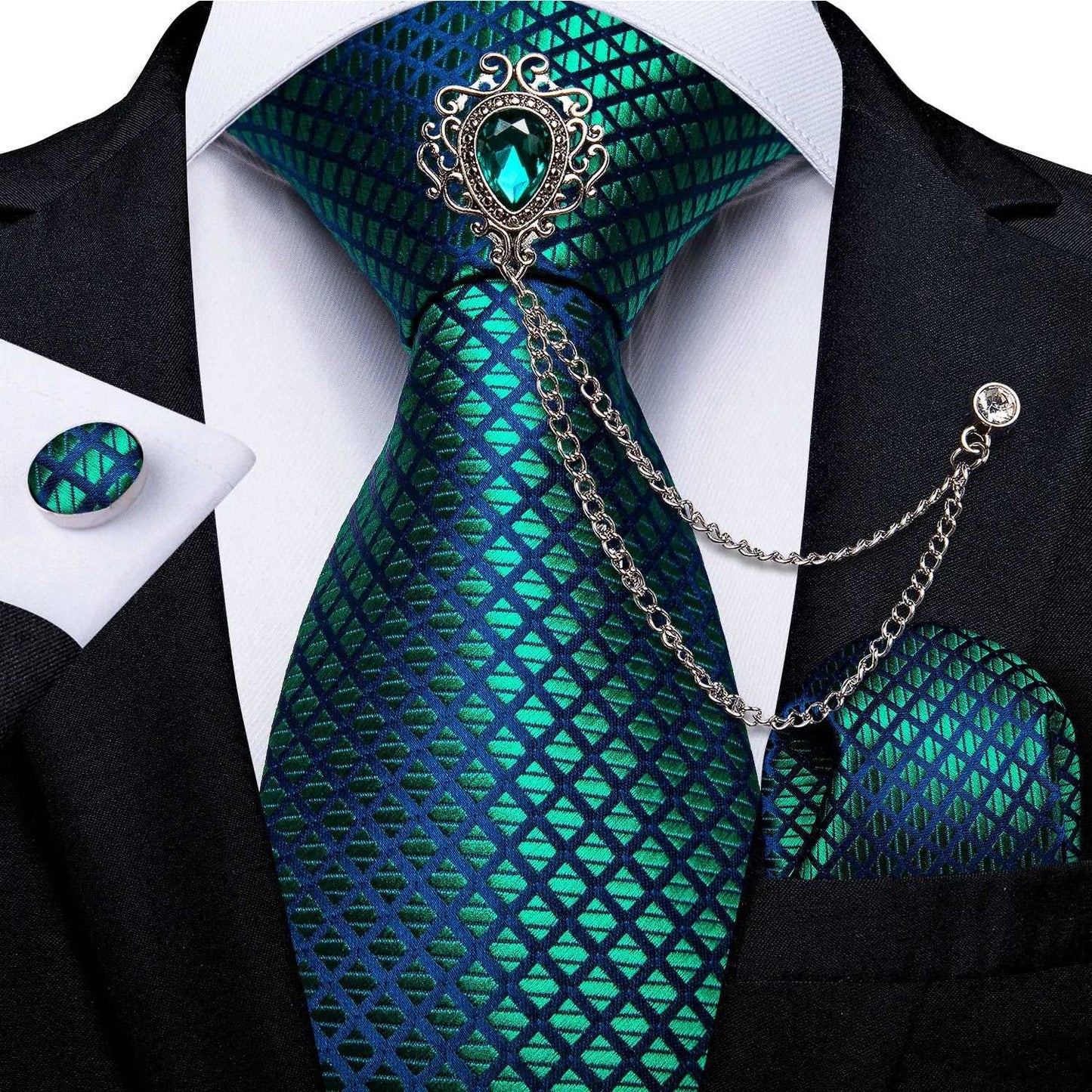 Men's Teal & Aqua Blue Silk Necktie, Handkerchief, Brooch & Cufflinks Set - Lovez Aqua© - 4