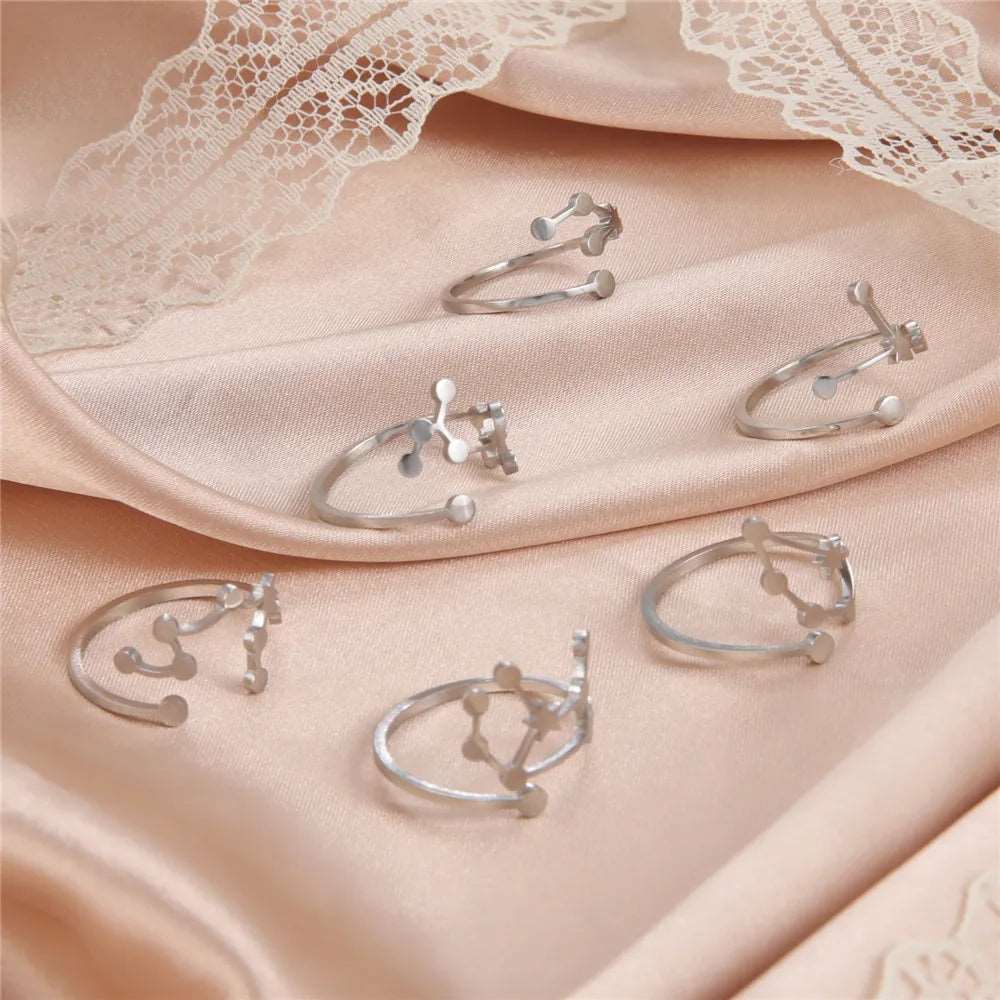 Women's Zodiac Star Signs Constellation Stainless Steel Adjustable Open Ring - Lovez Aqua© -