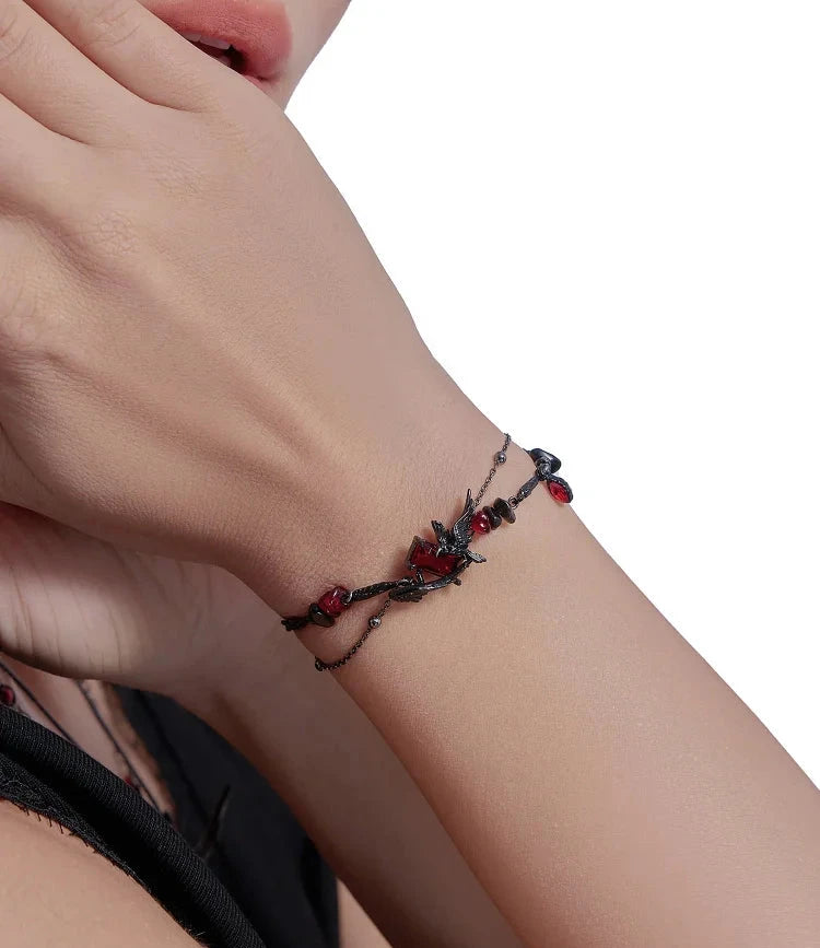 Rustic Gothic Black Raven & Red Garnet Beaded Crystal Women's Bracelet - Lovez Aqua© -
