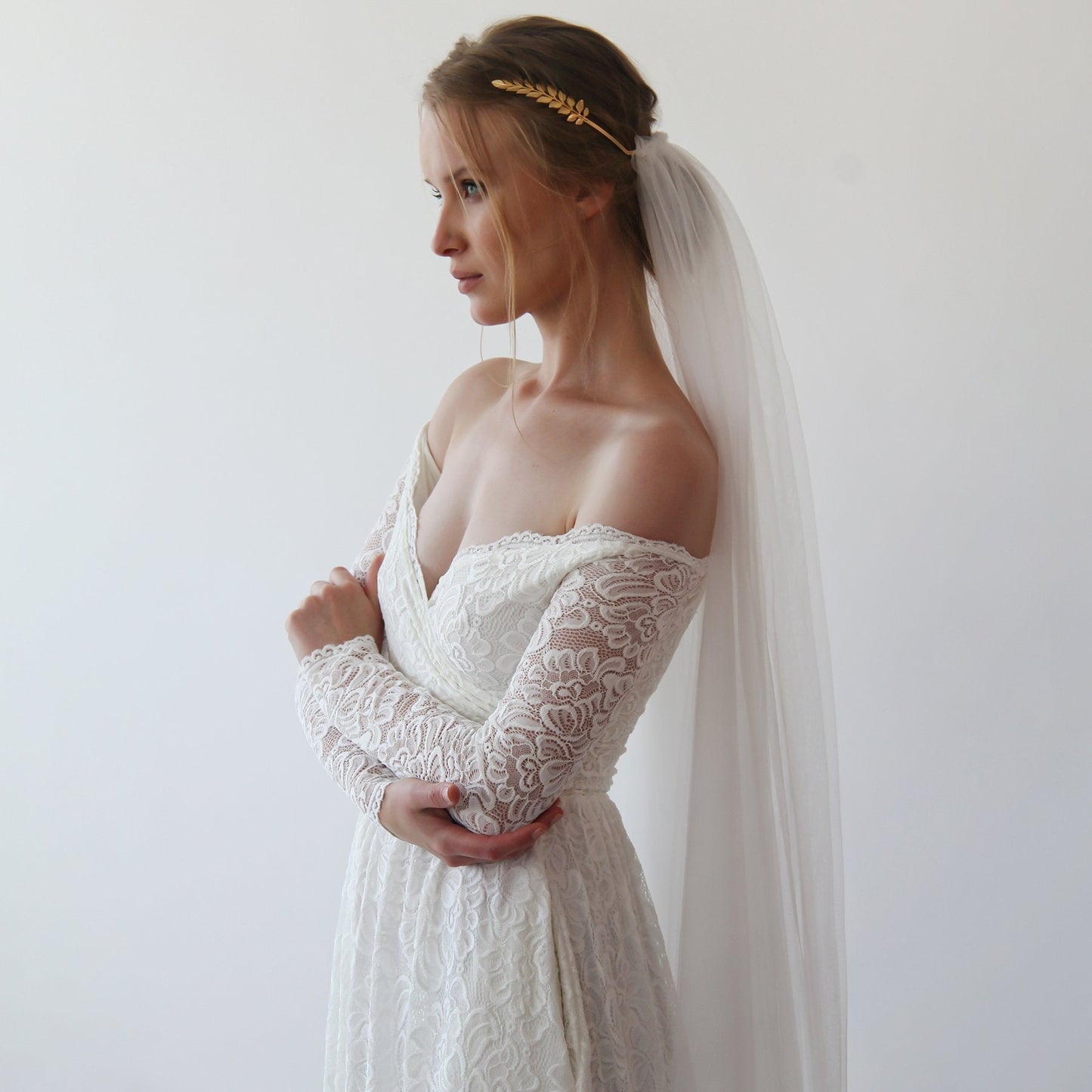 Women's Gold Greek Goddess Crown White Tulle Wedding Veil Headpiece - Lovez Aqua© -