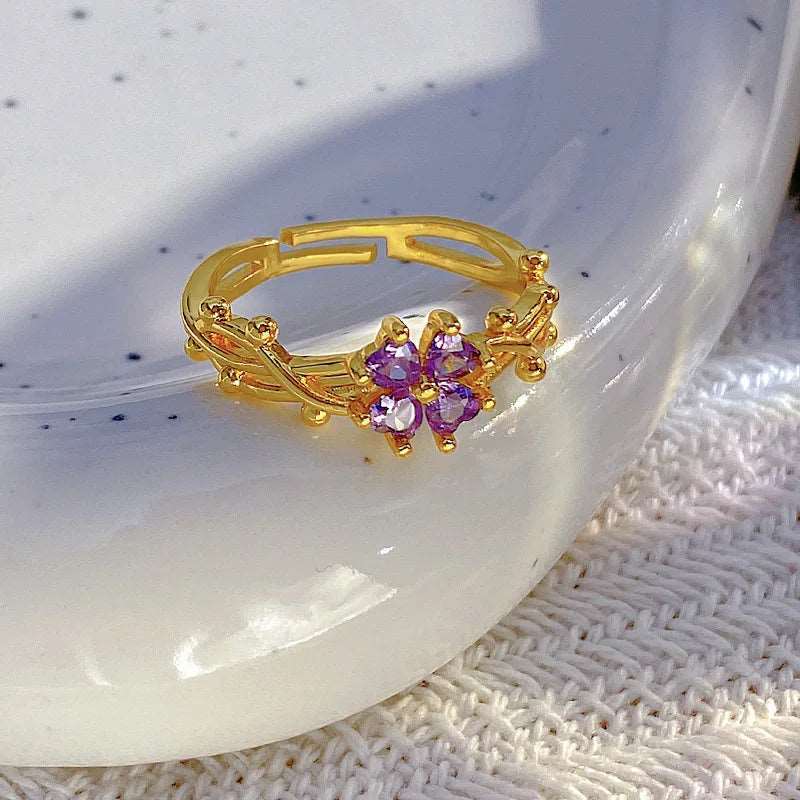 Elegant Gold Plated Ring with Marquise-Cut Amethyst Flower & Twisted Band - Lovez Aqua© -