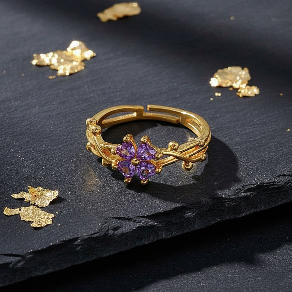 Elegant Gold Plated Ring with Marquise-Cut Amethyst Flower & Twisted Band - Lovez Aqua© -